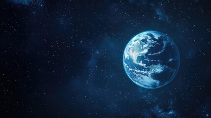 Earth visible from space with a glowing moon and twinkling stars on a dark blue sky. Digital illustration capturing the beauty of our planet and celestial bodies.
