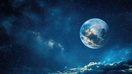 Earth visible from space with a glowing moon and twinkling stars on a dark blue sky. Digital illustration capturing the beauty of our planet and celestial bodies.