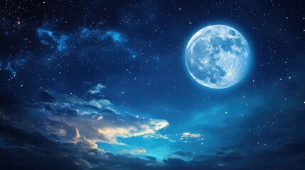 Earth visible from space with a glowing moon and twinkling stars on a dark blue sky. Digital illustration capturing the beauty of our planet and celestial bodies.