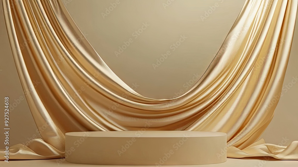 Poster elegant 3d rendering of a beige podium draped in gold fabric waves. ideal luxury background for upsc