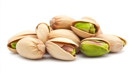 Pistachios isolated on a white background. Pile of pistachio nuts closeup