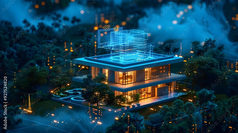 Poster futuristic smart home fully integrated with cloud computing technology showcasing connectivity and c