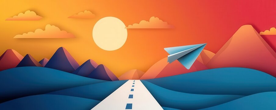 Blockchain blocks forming a runway for paper planes, digital flight theme, flat design illustration