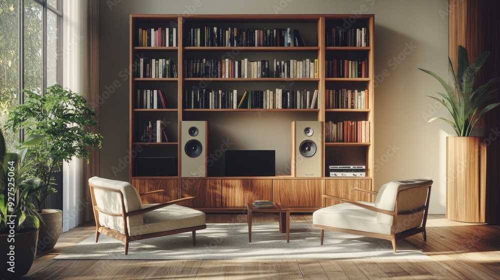 Poster elegant bookshelf with integrated audio speakers, captured in a 3d rendering. this setup emphasizes 