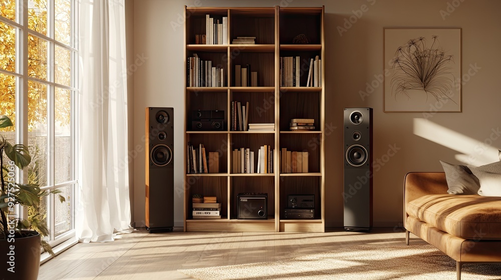 Poster Elegant bookshelf with integrated audio speakers, captured in a 3D rendering. This setup emphasizes a refined design for enjoying music in a stylish home environment.