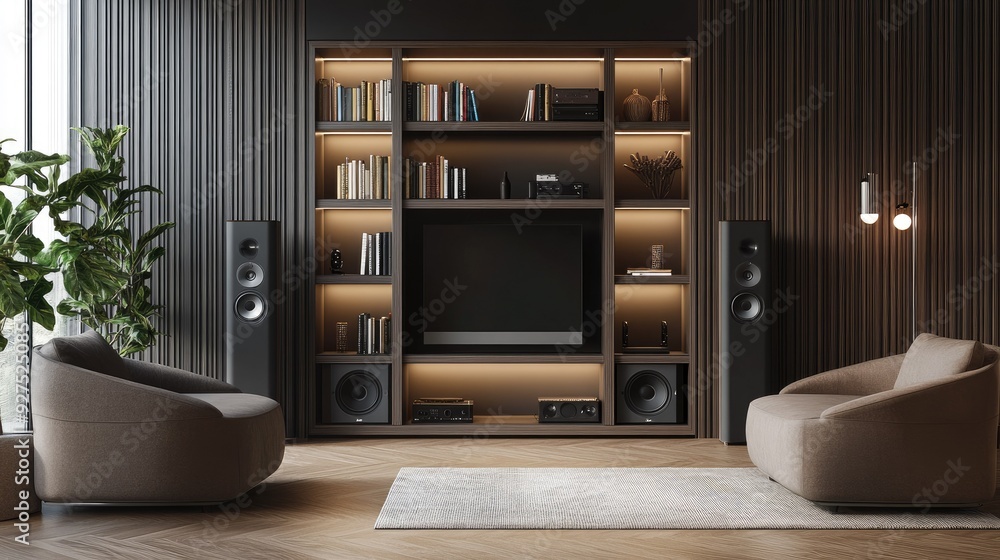 Poster elegant bookshelf with integrated audio speakers, captured in a 3d rendering. this setup emphasizes 
