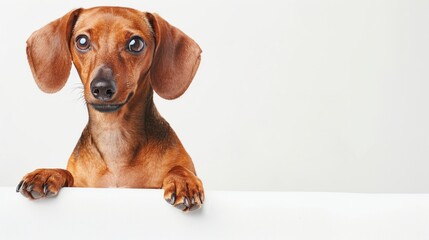 A cute dachshund dog with a curious expression looks over a white table. This image captures the playful nature of the dog in a minimalist style. Perfect for pet lovers and social media. AI