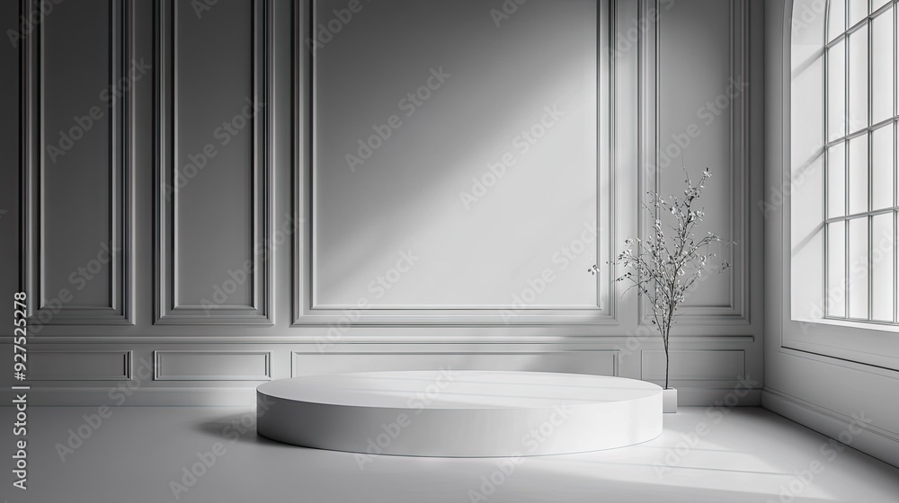 Poster elegant gray room with a pulpit and white podium for product displays. 3d mockup with a sleek white 