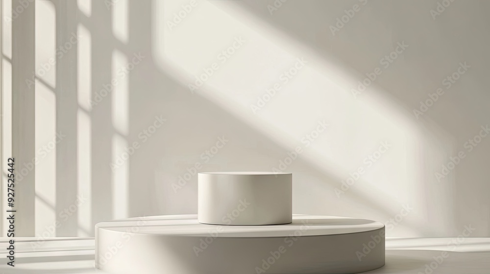 Poster elegant minimal product stand with a cylindrical shape in a white studio setting. ideal for showcasi