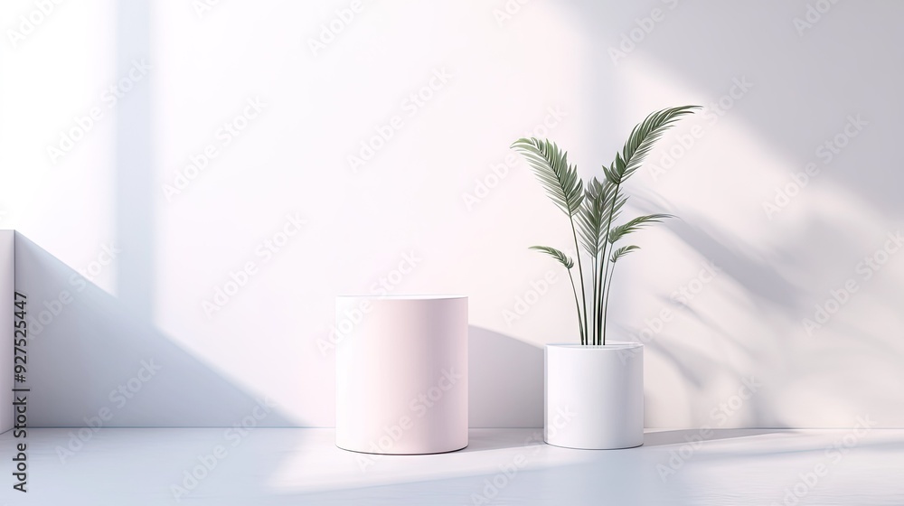 Poster elegant minimal product stand with a cylindrical shape in a white studio setting. ideal for showcasi