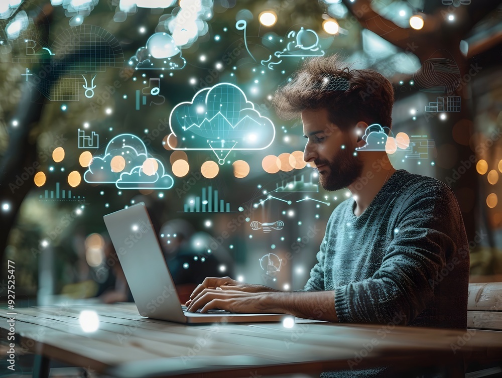 Poster digital nomad embracing cloud computing freedom in remote nature setting