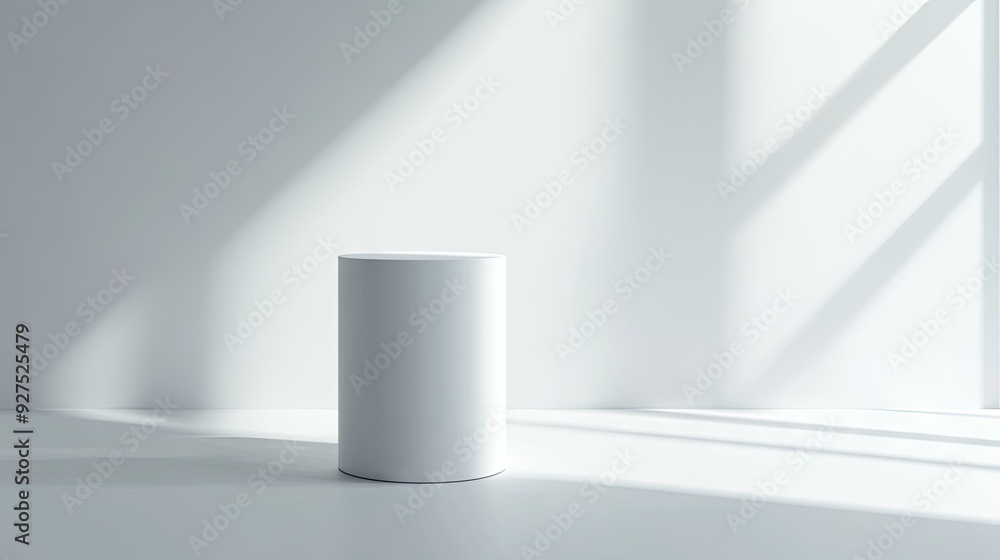 Poster elegant minimal product stand with a cylindrical shape in a white studio setting. ideal for showcasi