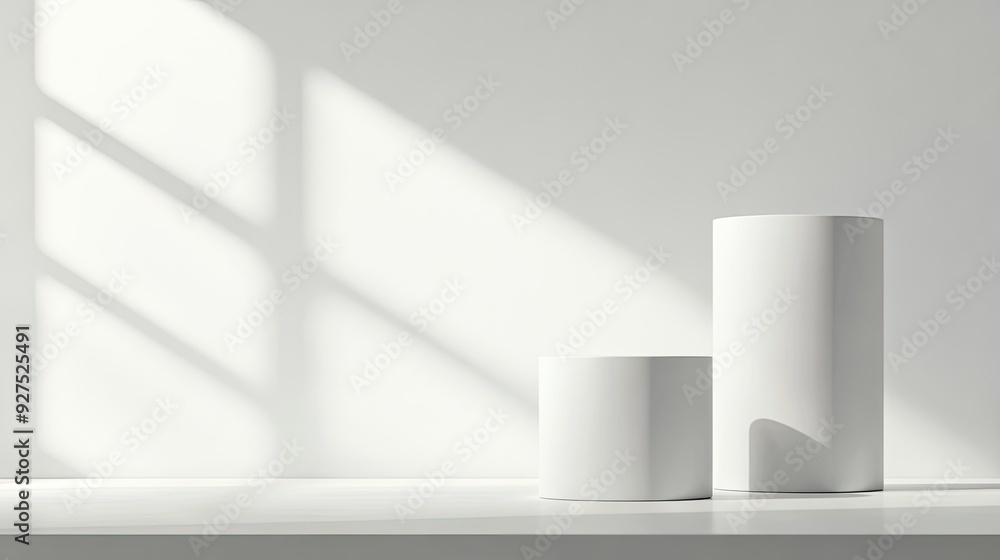 Poster elegant minimal product stand with a cylindrical shape in a white studio setting. ideal for showcasi