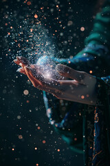 Glowing magical sparks of light energy in hands of wizard on a dark background. Fantasy concept