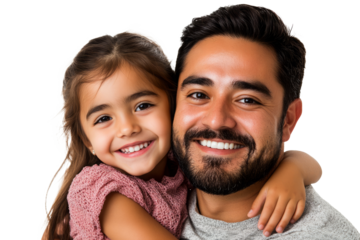 Portrait of young happy father and his daughter embracing and smiling, isolated on transparent background