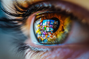 Woman eye reflecting social media pictures