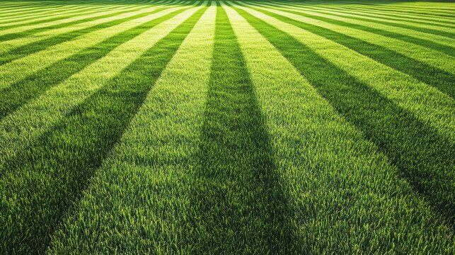 A vibrant green lawn with striped patterns, showcasing healthy grass in a well-maintained area.