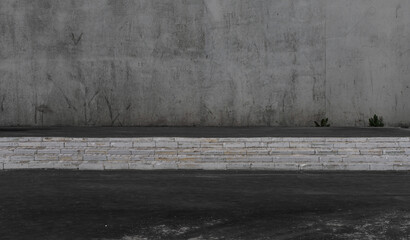 Clean Aged Concrete Grey Street Wide Wall and Asphalt Sidewalk Floor with Grey Stairs. Front View. 