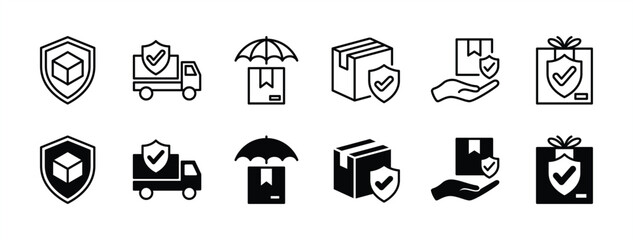 Insurance of package, packet, parcel, and gift delivery or shipping icon vector set. Containing cardboard and shield protection, cargo truck safety and check mark, umbrella with box, care service