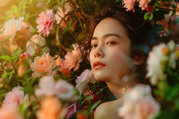 Serene Beauty - Young Woman with Radiant Skin Surrounded by Blooming Flowers in Garden | Perfect for Beauty and Wellness Industry Commercial Use