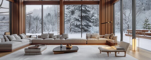 Minimalist Japandi living room with large windows framing a serene winter landscape.