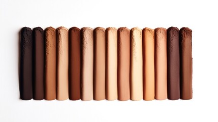 This image shows a gradient of makeup foundation sticks ranging from light to dark shades, showcasing a variety of skin tones for cosmetic use.