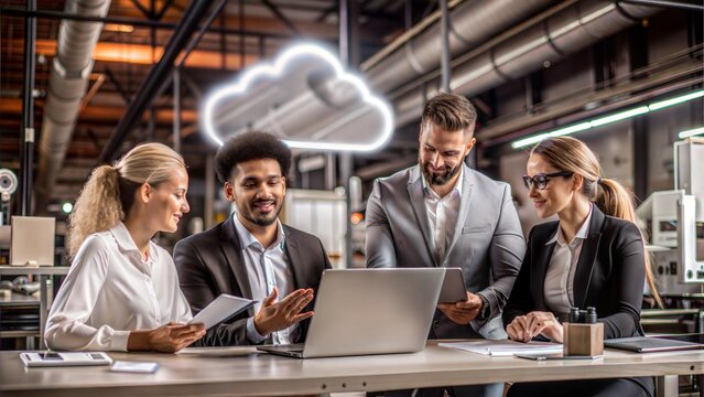 Cloud Collaboration: A diverse team of professionals collaborate on a project, using a laptop and tablet, in a modern and stylish office setting. The glowing cloud above them symbolizes their digital 