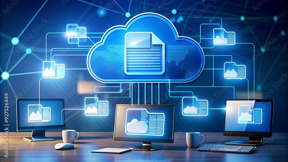 Poster cloud computing: a businessman works on a laptop in his office, with a cloud icon and data files sym