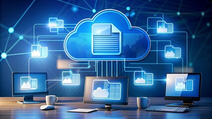 Cloud Computing:  A businessman works on a laptop in his office, with a cloud icon and data files symbolizing seamless data storage and connectivity.  A modern, minimalist workspace setting, 