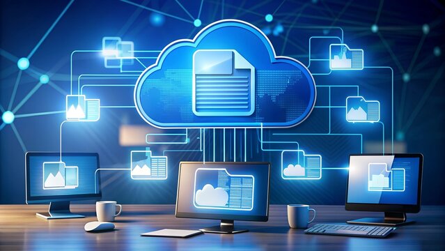 Cloud Computing:  A businessman works on a laptop in his office, with a cloud icon and data files symbolizing seamless data storage and connectivity.  A modern, minimalist workspace setting, 