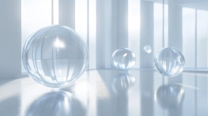 Floating 3D spheres in a spacious, clean environment. Designed for product design showcases or branding presentations with an elegant, modern feel.