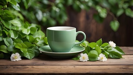 Coffee cup with lots of copy space, ideal for a cover or card design, surrounded by flowers and green foliage on a rustic wooden background.