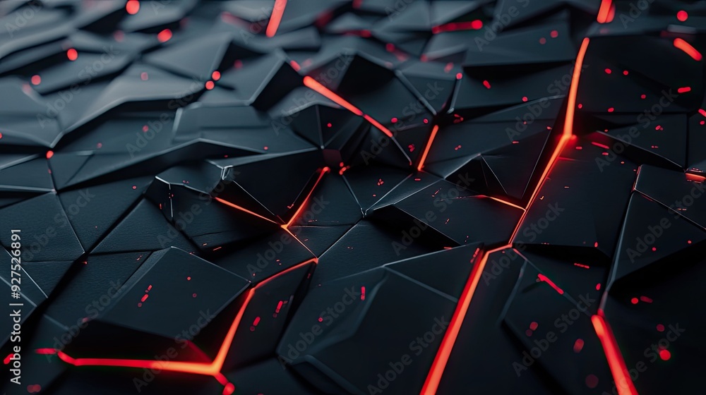 Poster futuristic black polygon background with dynamic red light accents, creating a high-tech and abstrac
