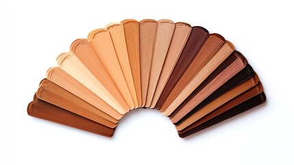 An array of leather swatches in various shades from light beige to dark brown, displayed in a fan shape against a white background.