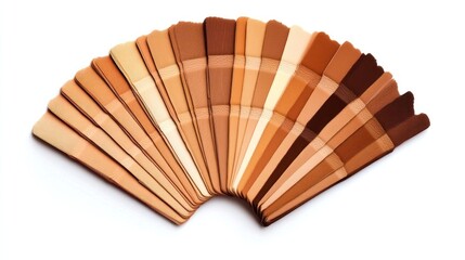 A range of foundation shades fanned out to show the variety of skin tones they are designed to match, typically used in the beauty industry.