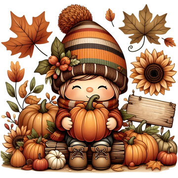cute autumn gnome holding pumpkin clip art preview