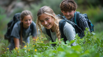 Obraz premium A group of students exploring environmental science outdoors.