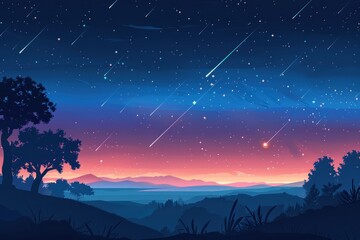 Night Sky with Shooting Stars and Mountains