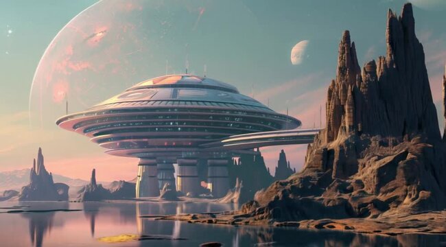 Futuristic giant building scene on another planet, Camera slow motion with different angles