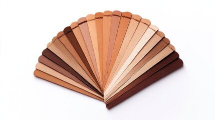 A range of wooden paint sample sticks fanned out, showcasing a gradient of brown shades from light to dark against a white background.