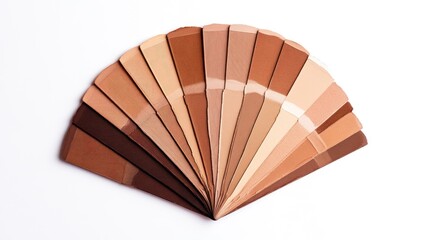 A range of wooden paint color swatches displayed in a fan shape, featuring a gradient from light beige to dark brown against a white background.