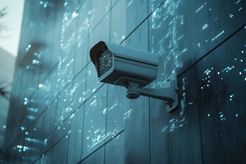 A CCTV camera mounted on a wall, with a blue light reflection.