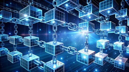 Obraz premium Blockchain Abstract: A mesmerizing 3D rendering of a blockchain network, featuring interconnected blue cubes linked by chains, set against a cosmic backdrop of twinkling stars and ethereal lines. 