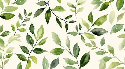 Hand-painted watercolor leaves in shades of green arranged into a seamless pattern. A refreshing and elegant nature-themed background suitable for designs with a natural vibe.