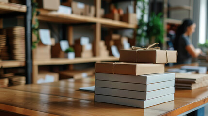 Obraz premium Close-up of stacked cardboard boxes on a wooden table in a warehouse, suggesting shipping, packaging, or e-commerce logistics.