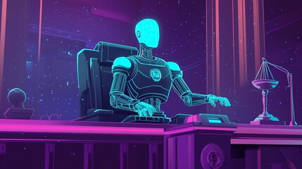 A futuristic courtroom scene with a robot judge and a glowing scale of justice.