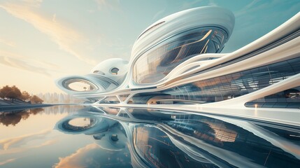Obraz premium A futuristic building with flowing lines and a reflective surface reflected in a still body of water.