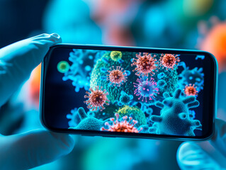 Close-up of a smartphone screen displaying a detailed digital visualization of a virus in blue and red hues, representing viral infections and healthcare technology