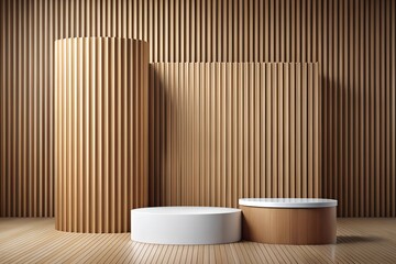Minimalist Wooden Podiums: A serene display of brown and white podiums against a slatted wooden backdrop, perfect for showcasing products or designs. 