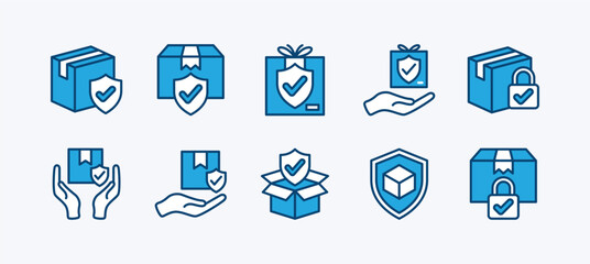 Set of package, parcel, gift and packet protection icon. Containing safe delivery, cardboard box with shield and checkmark, shipping or shipment care service, insurance. Vector illustration